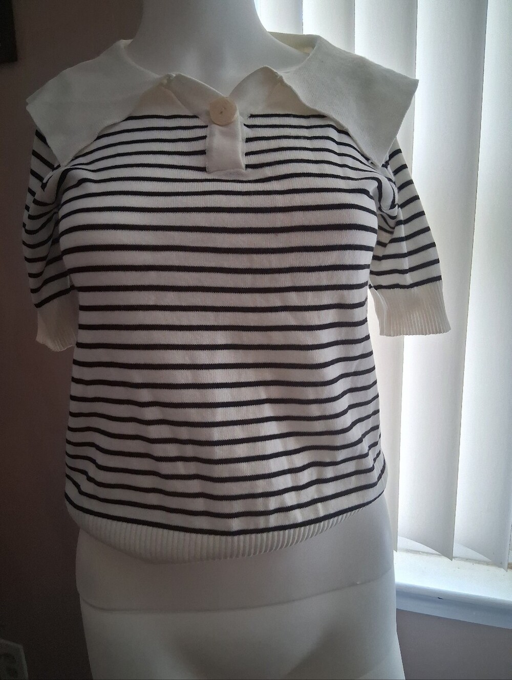 Kids Striped Polo Top with Peter Pan Collar - White & Black